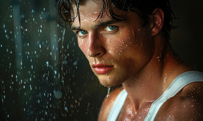 Fototapeta na wymiar A young muscular male model with water droplets visible on his skin