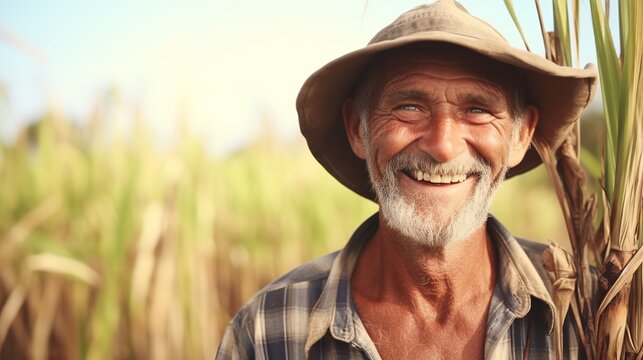 illustration of Portrait of a farmer eating sugar cane and smiling, Generative ai