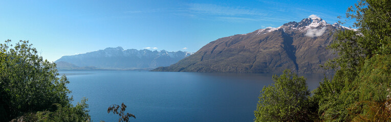 Panoramic view of Lake Wakatipu as well as Remarkables and Cecil Peak in the Southern Alps on New Zealand's South Island