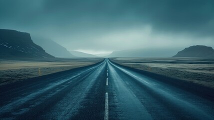 an empty road in the middle of nowhere with a mountain range in the distance and a dark sky in the background. - obrazy, fototapety, plakaty