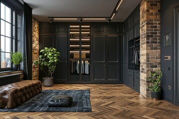 Modern Room, Modern Living Room dark Design area with wardrobe and wooden floor parquet in dark colors