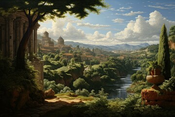 Picturesque Landscape renaissance field. Nature view paint. Generate Ai
