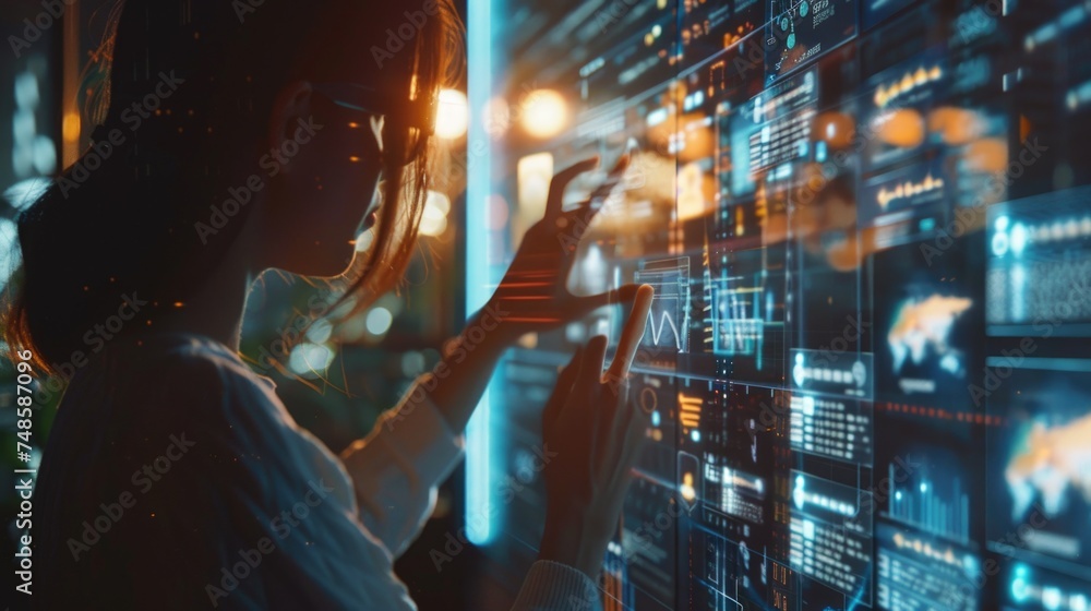 Poster woman focused on computer screen, suitable for technology concepts