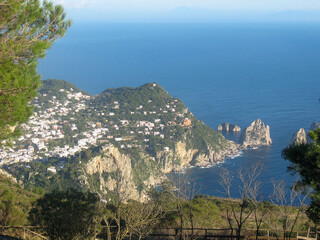 Stunning view from Monte Solaro on the Italian island of Capri across the Mediterranean Sea towards the Amalfi Coast