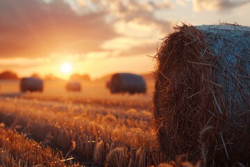 Beautiful sunset over hay bales field. Ideal for agricultural concepts - obrazy, fototapety, plakaty