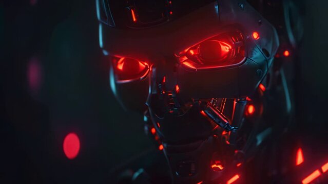 Cyborg, an evil dangerous robot with glowing eyes. Rise of the machines of artificial intelligence concept