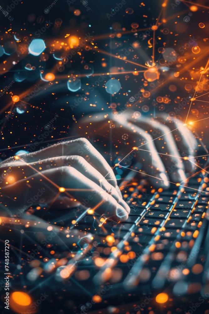 Aufkleber Person typing on a computer keyboard surrounded by glowing dots. Suitable for technology and innovation concepts