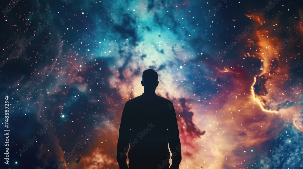 Aufkleber a man standing in front of a vibrant and colorful galaxy. suitable for science fiction or space-them