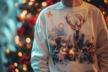 Person wearing a festive Christmas sweater with a deer design. Suitable for holiday-themed projects