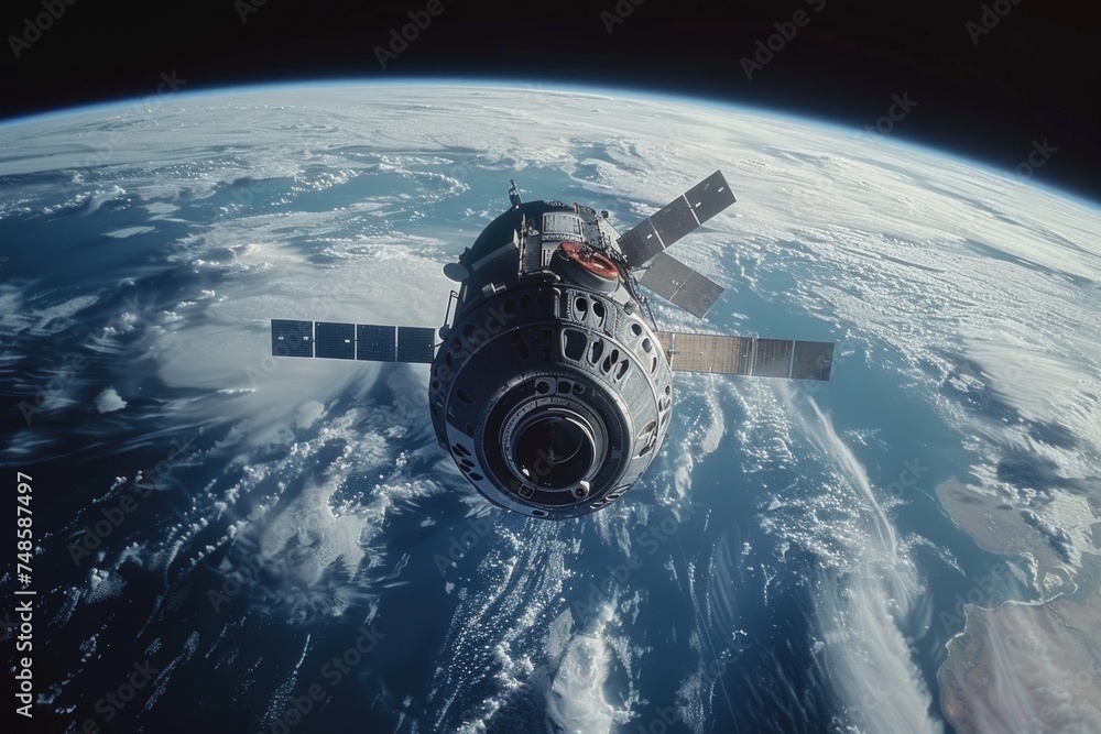 Poster A futuristic space station floating in the middle of the Earth. Suitable for science fiction concepts