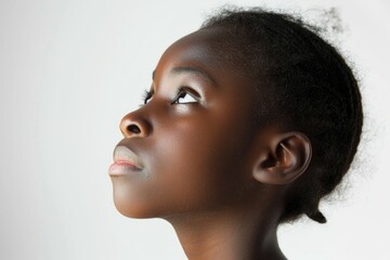 A woman with her eyes closed looking up. Suitable for meditation or relaxation concepts