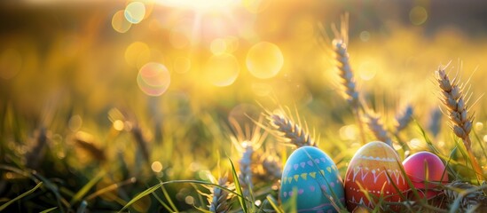 hidden easter eggs nestled among the wheat in the golden light of a peaceful spring morning - Powered by Adobe