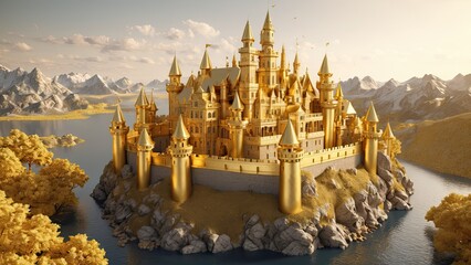 Castle made of gold, fantasy kingdom, wide angle, 3d render - obrazy, fototapety, plakaty