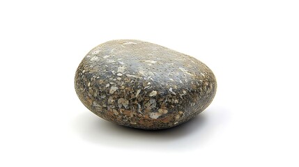 A smooth, oval-shaped rock sits on a white surface. The rock is gray and has a mottled pattern. It is about the size of a baseball.