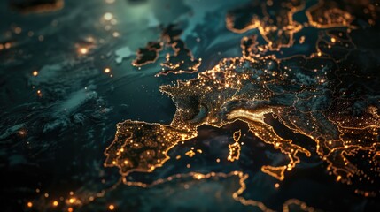 Detailed close-up of a map of Europe illuminated at night. Suitable for travel and geography concepts