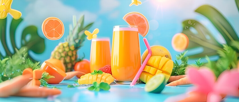 
Healthy eating food and diet concept close up of fresh juice for kids with orange mango and carrots