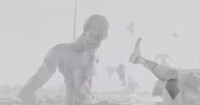 Broken android shells on a foggy junkyard