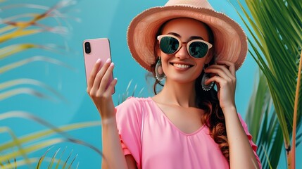 Beautiful young woman in a pink dress and hat smiles and holds a phone in her hand.