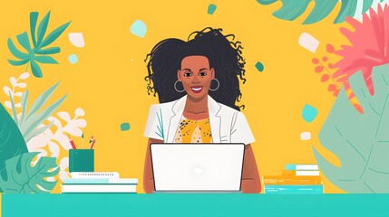 Confident businesswoman working on laptop in home office. Multitasking, time management, and work life balance concept. Vector illustration.