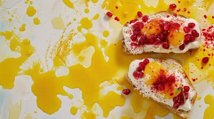 two pieces of bread with cream and pomegranates on them on a yellow and white tablecloth.