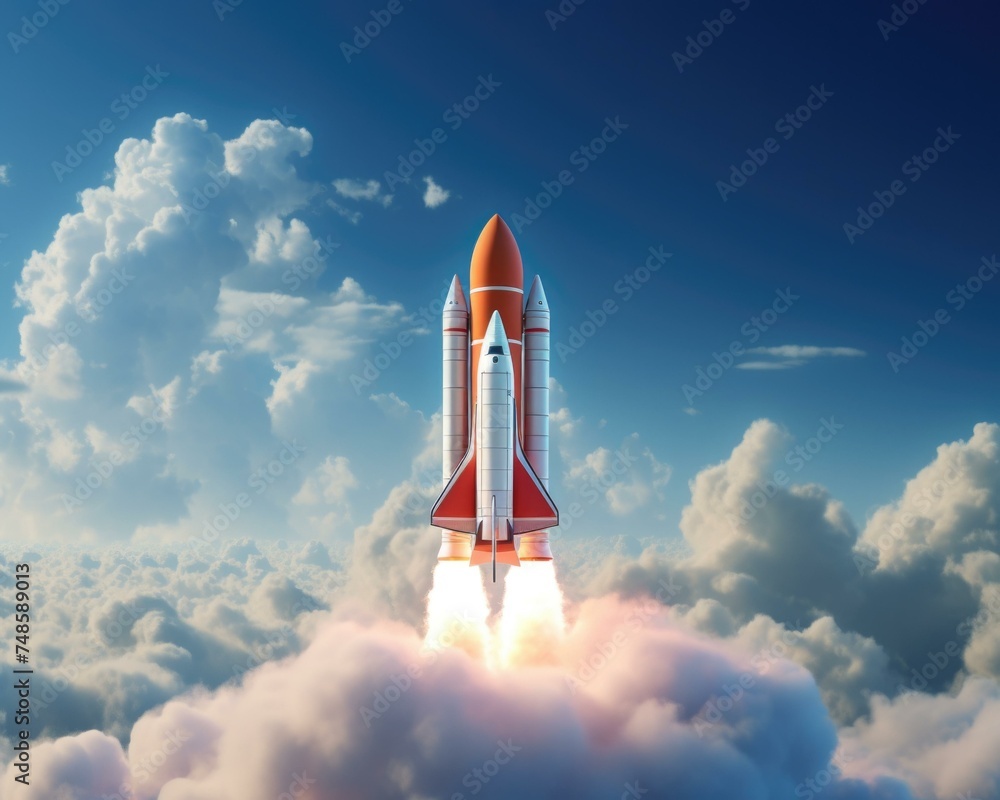 Poster space rocket launching into the sky with clouds. generative ai.