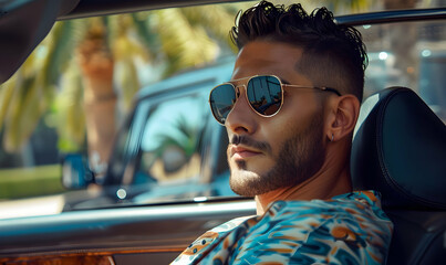 photo side view rich handsome Arabic latin man in car