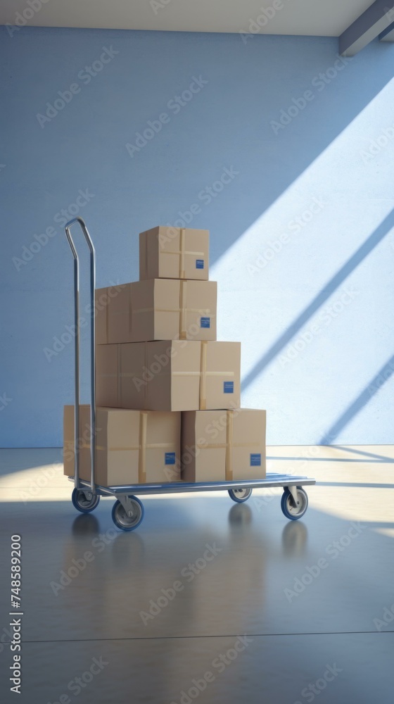 Poster a cart with boxes on it in an empty room. generative ai.