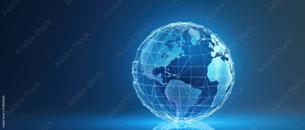 Poster world globe on blue background with lines and lines. generative ai.