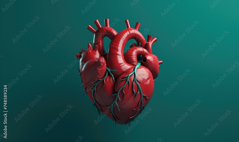 Poster 3d rendering of a human heart on a green background. generative ai.