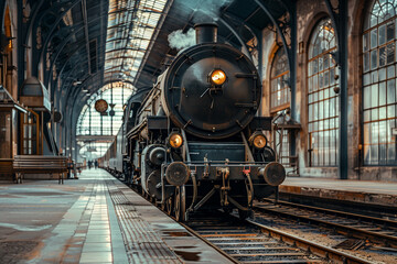 Old historic train station, Vintage steam locomotive, Architectural details in the background, Nostalgic and timeless mood