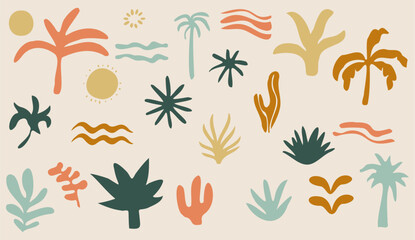groovy elements beach. coconut tree palm, beach ocean, sun, bush, cactus doodle set vector isolated. - obrazy, fototapety, plakaty