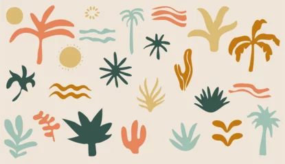 Muurstickers groovy elements beach. coconut tree palm, beach ocean, sun, bush, cactus doodle set vector isolated. © Pandusaurus 