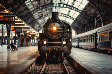 Old historic train station, Vintage steam locomotive, Architectural details in the background, Nostalgic and timeless mood