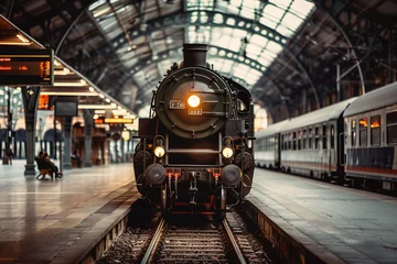 Foto op Canvas Old historic train station, Vintage steam locomotive, Architectural details in the background, Nostalgic and timeless mood © Nii_Anna