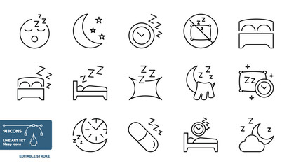Line Art Collection Sleep Icons Set - Vector Illustrations Isolated On White Background