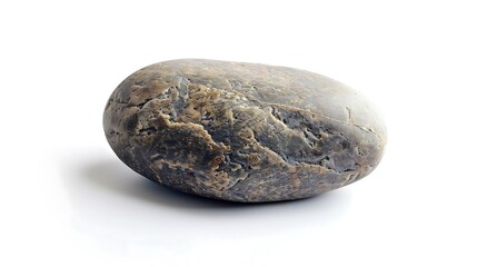 A smooth, oval-shaped stone with a rough, textured surface. It is gray in color with some brown and black spots.