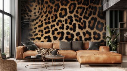 Leopard pattern wallpaper in a modern room, Bold and striking design, Contemporary and stylish interior decor