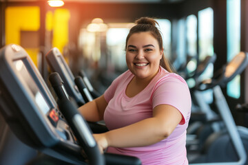 Fat woman running on the treadmill at the gym. Exercise, healthy lifestyle and weight loss concept