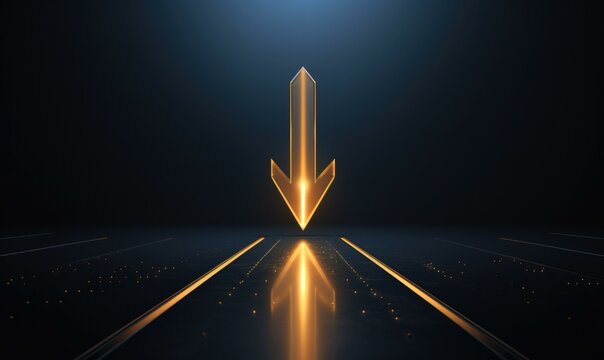 An arrow pointing down on a dark road. Generative AI.