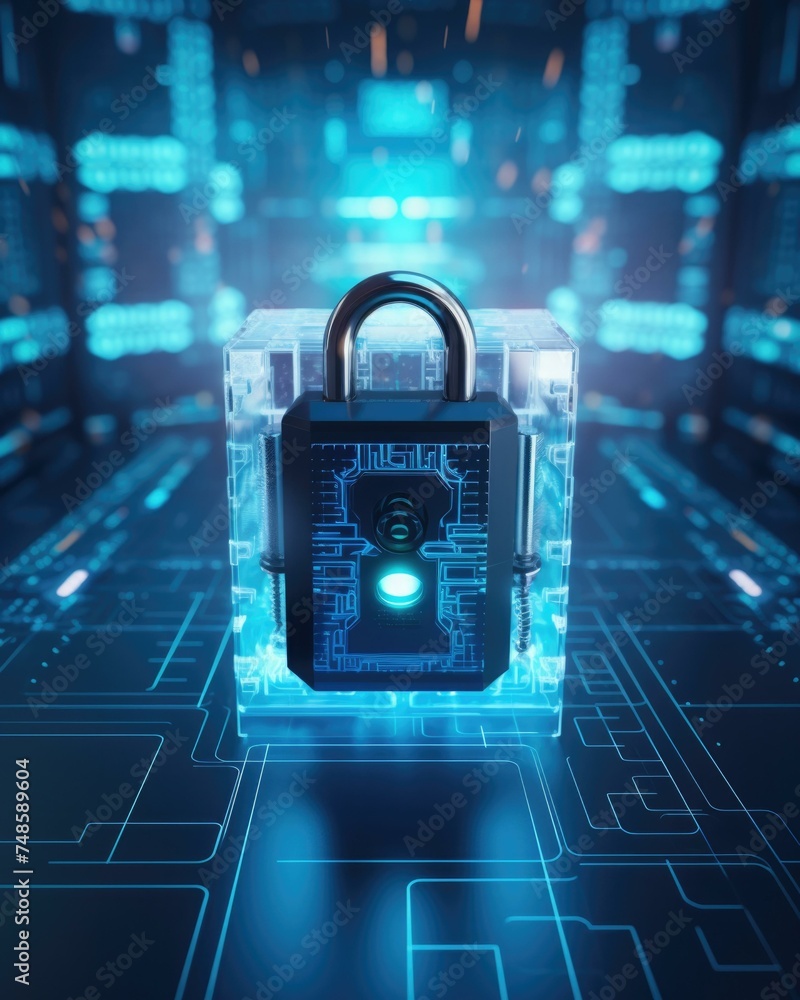 Poster a padlock on a computer screen with a blue background. generative ai.