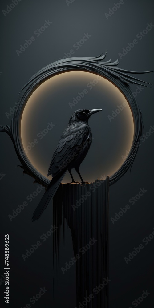 Poster a black bird sits on a branch in front of a circular light. generative ai.
