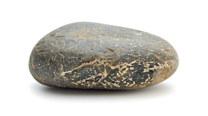 A smooth, oval-shaped rock with a dark gray color and white spots. It is sitting on a white surface. The rock is slightly tilted to the right.