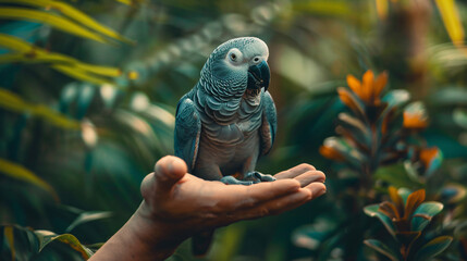 Beautiful wavy parrot in his hand.