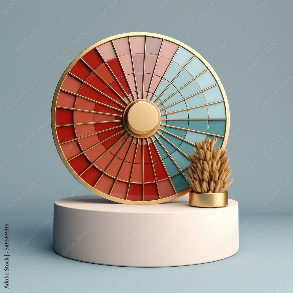 Sticker A wheel with a gold stand and a red and blue wheel. Generative AI.