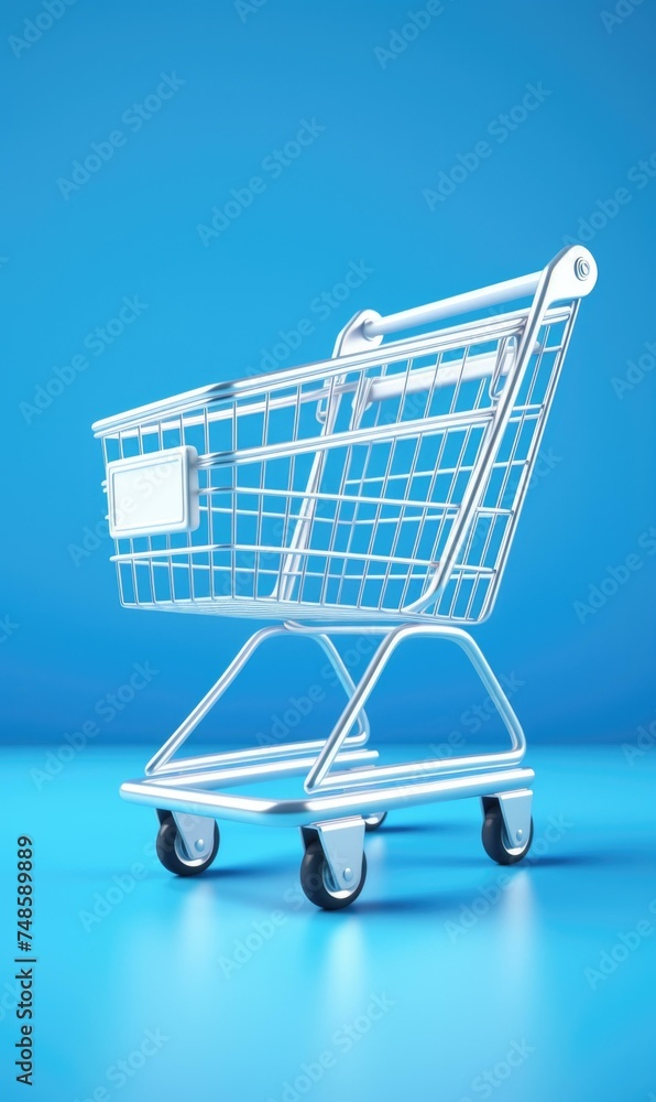 Poster 3d rendering of a shopping cart on blue background. generative ai.