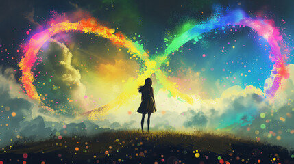 Girl silhouette and rainbow infinity sign illustration. Neurodiversity concept - obrazy, fototapety, plakaty