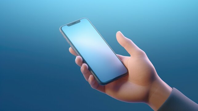Hand holding a smartphone with a blue screen. Generative AI.