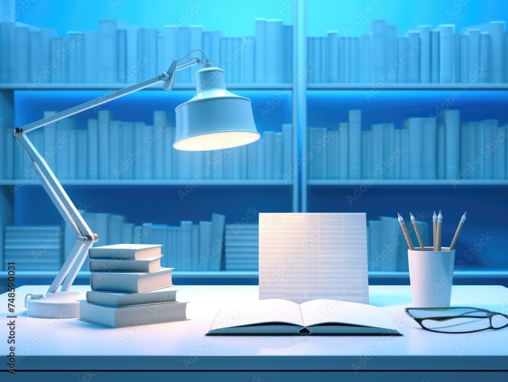 Aufkleber a desk with books and a lamp on it. generative ai.