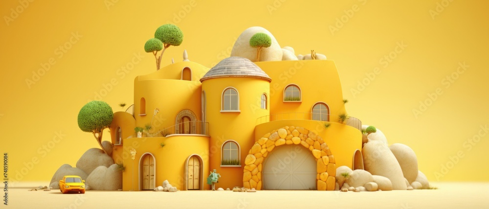 Sticker 3d illustration of a yellow house with trees and rocks. Generative AI.