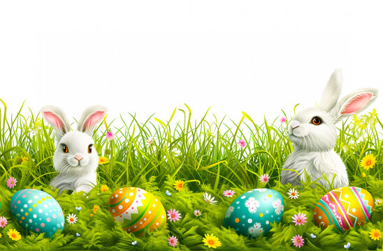 Easter Bunny Decorated Eggs Adorable Rabbit Isolated White Background Header Banner